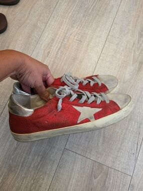 Golden Goose Red Suede Sneakers with Silver Heel
